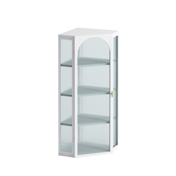English Elm Glass Ribbed Glass Door Corner Cabinet Wall Mounted 4-Tier Storage White Modern Dust-Resistant 22"L x 41"H W757130160