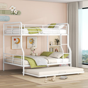 English Elm Full XL Over Queen Metal Bunk Bed with Twin Trundle, Chrome-Finish Iron Frame, Sturdy Space-Saver White SF000026AAK