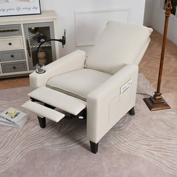 English Elm Recliner Chair with Phone Holder Cup Storage Push Back Fabric Seat for Living Room Beige W680131613