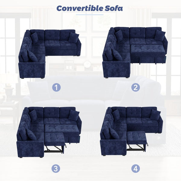 English Elm 82.6" Velveteen L-shaped Sleeper Sectional with Usb Ports and Power Sockets for Living Room SG001230AAC
