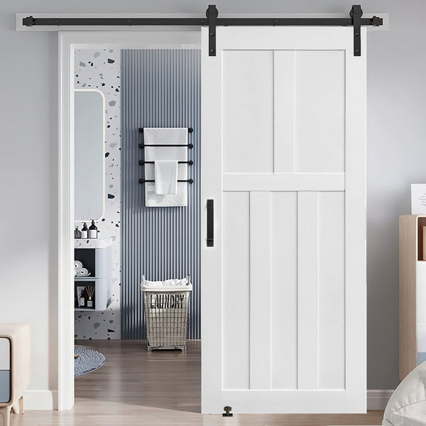 English Elm Crazy Elf Triple Primed Barn Door Slab with Sliding Hardware Kit for Modern Interiors W936S00024