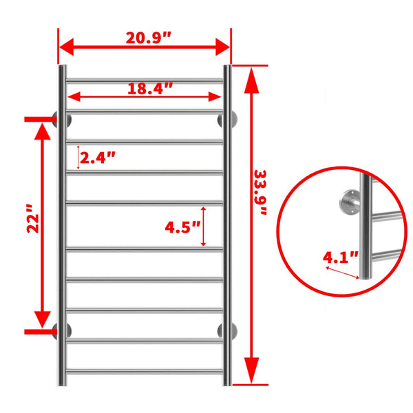 English Elm Electric Wall Mounted Towel Warmer with 10 Stainless Steel Bars Brushed Chrome Finish W2079128629