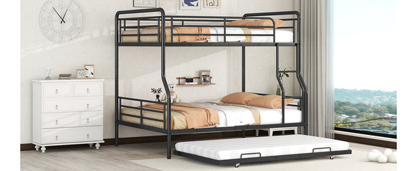 English Elm Full XL Over Queen Metal Bunk Bed with Twin Trundle, Chrome-Finish Iron Frame, Sturdy Space-Saver Black SF000026AAB