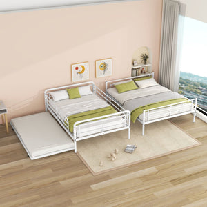 English Elm Full XL Over Queen Metal Bunk Bed with Twin Trundle, Chrome-Finish Iron Frame, Sturdy Space-Saver White SF000026AAK