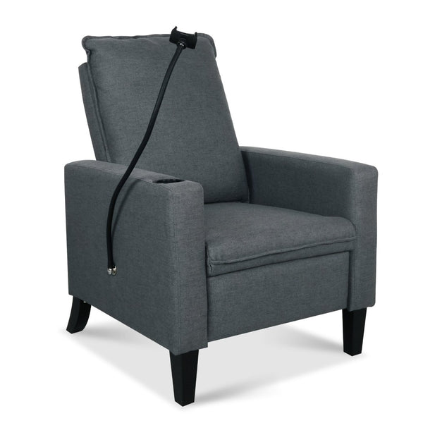 English Elm Recliner Chair with Phone Holder Cup Storage Push Back Fabric Seat for Living Room Grey W680131614