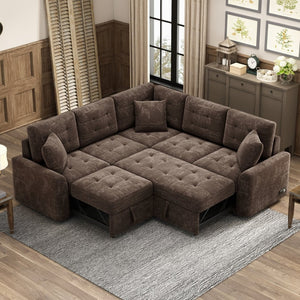 English Elm 82.6" Velveteen L-shaped Sleeper Sectional with Usb Ports and Power Sockets for Living Room SG001230AAD