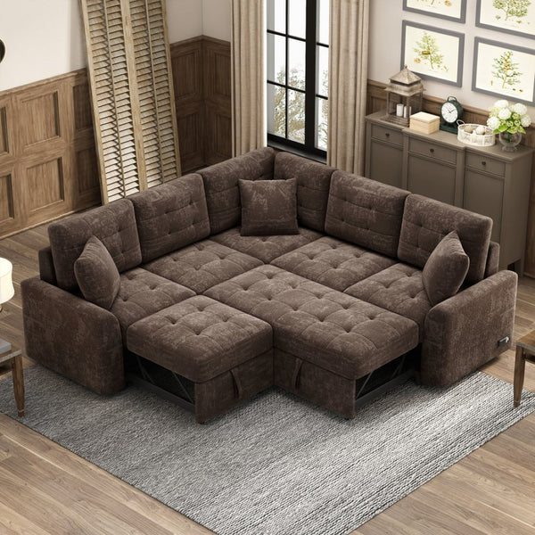 English Elm 82.6" Velveteen L-shaped Sleeper Sectional with Usb Ports and Power Sockets for Living Room SG001230AAD