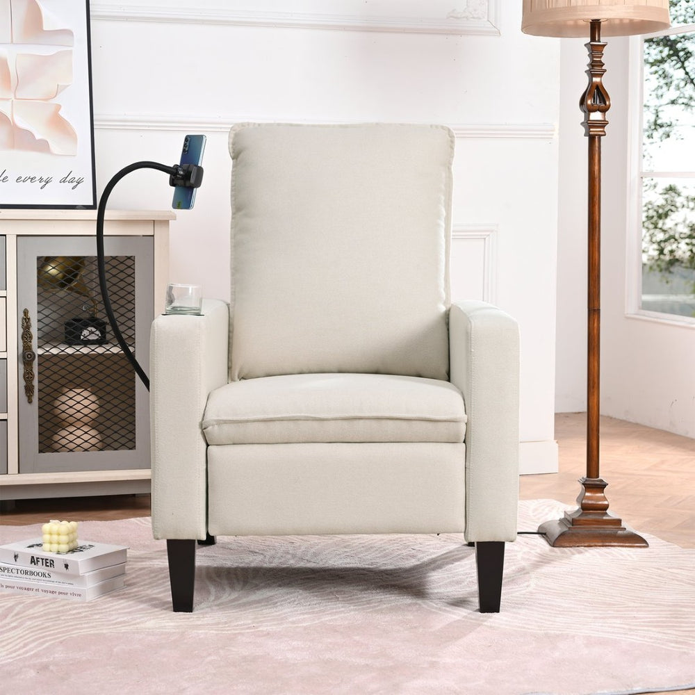 English Elm Recliner Chair with Phone Holder Cup Storage Push Back Fabric Seat for Living Room Beige W680131613