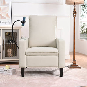 English Elm Recliner Chair with Phone Holder Cup Storage Push Back Fabric Seat for Living Room Beige W680131613