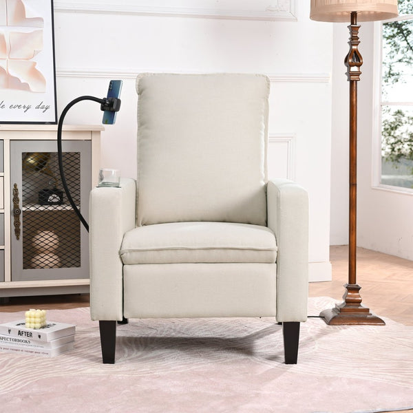 English Elm Recliner Chair with Phone Holder Cup Storage Push Back Fabric Seat for Living Room Beige W680131613