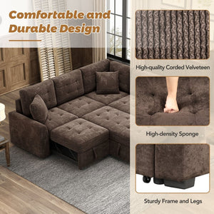 English Elm 82.6" Velveteen L-shaped Sleeper Sectional with Usb Ports and Power Sockets for Living Room SG001230AAD