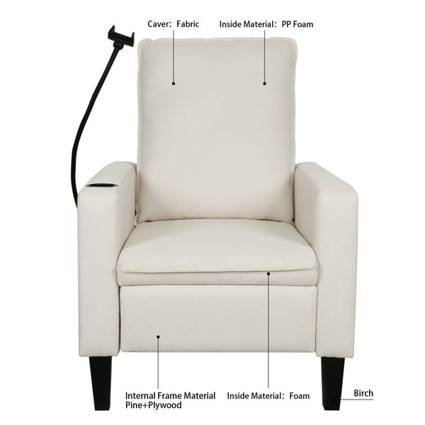 English Elm Recliner Chair with Phone Holder Cup Storage Push Back Fabric Seat for Living Room Beige W680131613