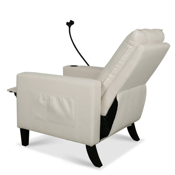 English Elm Recliner Chair with Phone Holder Cup Storage Push Back Fabric Seat for Living Room Beige W680131613