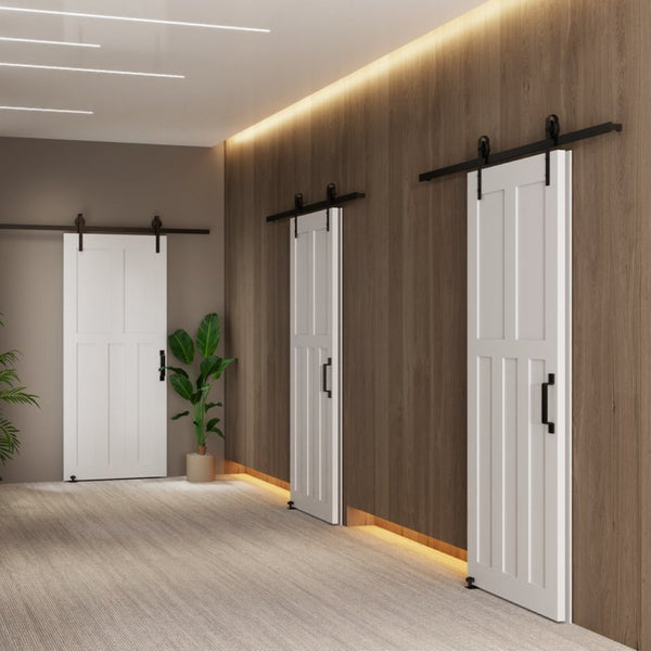 English Elm Crazy Elf Triple Primed Barn Door Slab with Sliding Hardware Kit for Modern Interiors W936S00024