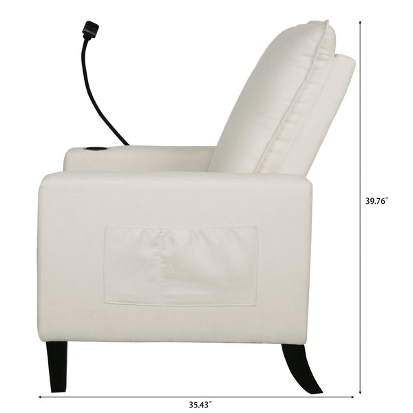 English Elm Recliner Chair with Phone Holder Cup Storage Push Back Fabric Seat for Living Room Beige W680131613
