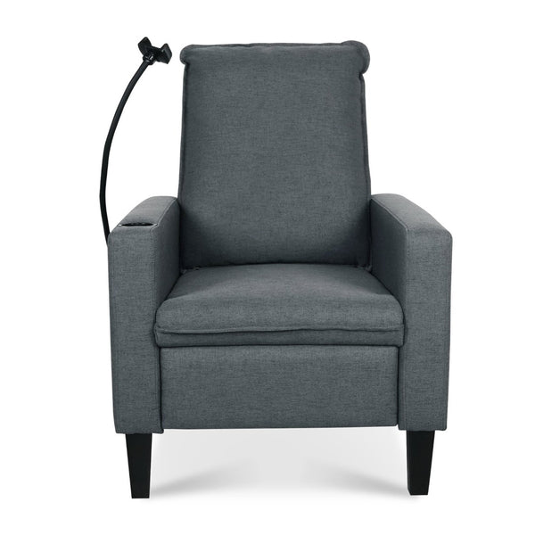English Elm Recliner Chair with Phone Holder Cup Storage Push Back Fabric Seat for Living Room Grey W680131614