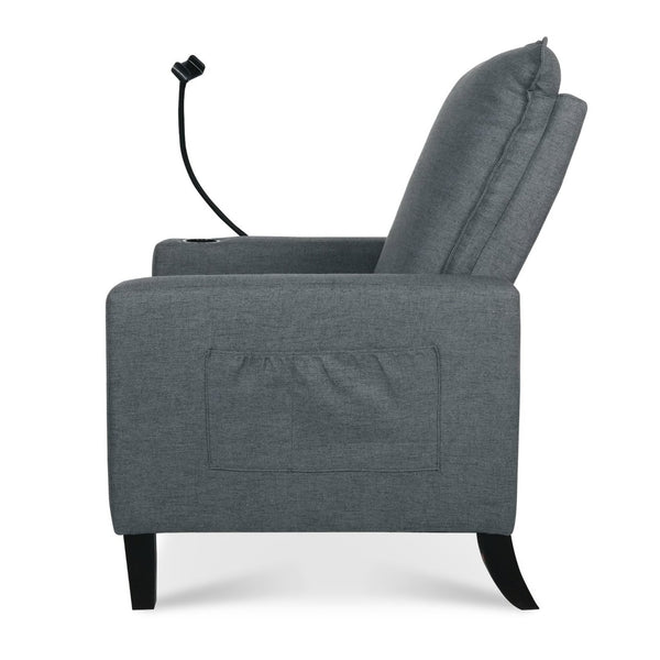 English Elm Recliner Chair with Phone Holder Cup Storage Push Back Fabric Seat for Living Room Grey W680131614