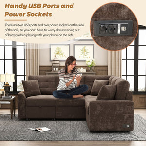 English Elm 82.6" Velveteen L-shaped Sleeper Sectional with Usb Ports and Power Sockets for Living Room SG001230AAD