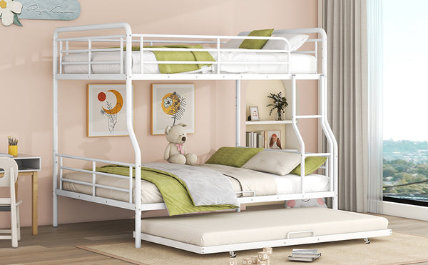 English Elm Full XL Over Queen Metal Bunk Bed with Twin Trundle, Chrome-Finish Iron Frame, Sturdy Space-Saver White SF000026AAK