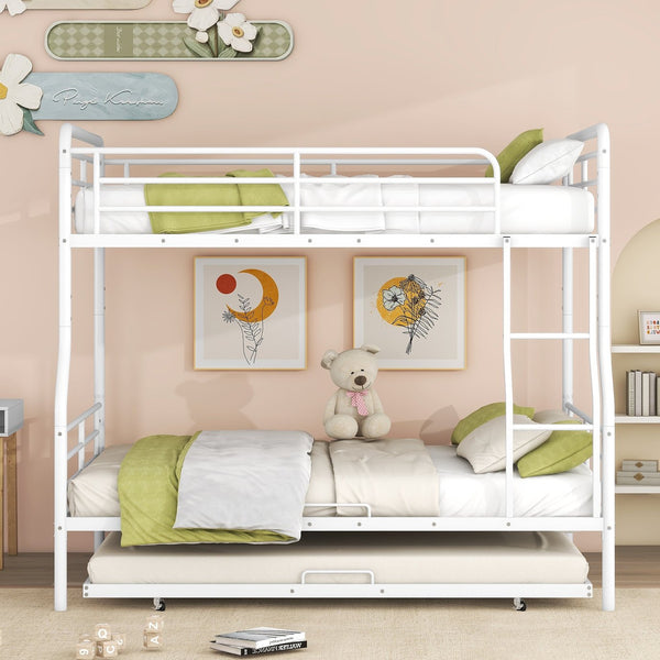 English Elm Full XL Over Queen Metal Bunk Bed with Twin Trundle, Chrome-Finish Iron Frame, Sturdy Space-Saver White SF000026AAK