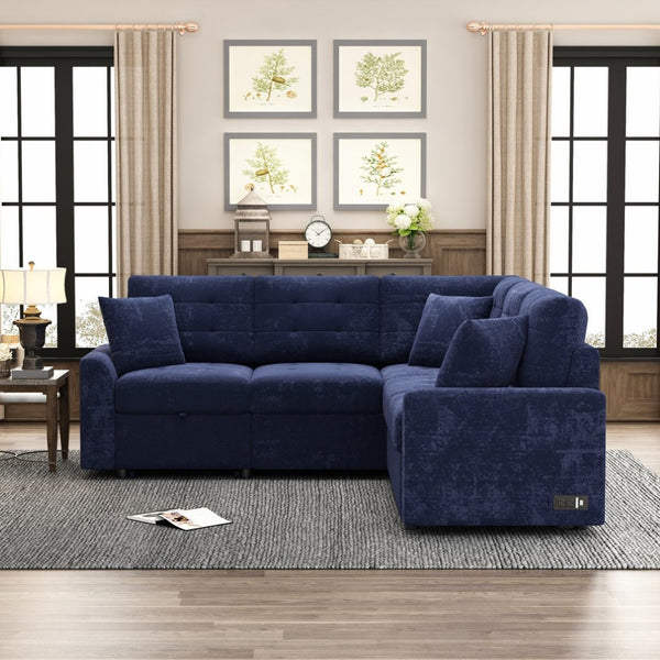 English Elm 82.6" Velveteen L-shaped Sleeper Sectional with Usb Ports and Power Sockets for Living Room SG001230AAC