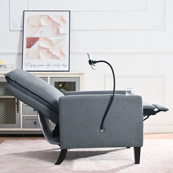 English Elm Recliner Chair with Phone Holder Cup Storage Push Back Fabric Seat for Living Room Grey W680131614
