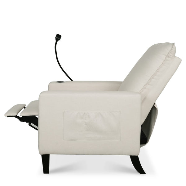 English Elm Recliner Chair with Phone Holder Cup Storage Push Back Fabric Seat for Living Room Beige W680131613