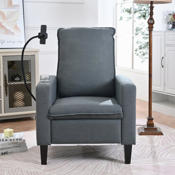 English Elm Recliner Chair with Phone Holder Cup Storage Push Back Fabric Seat for Living Room Grey W680131614