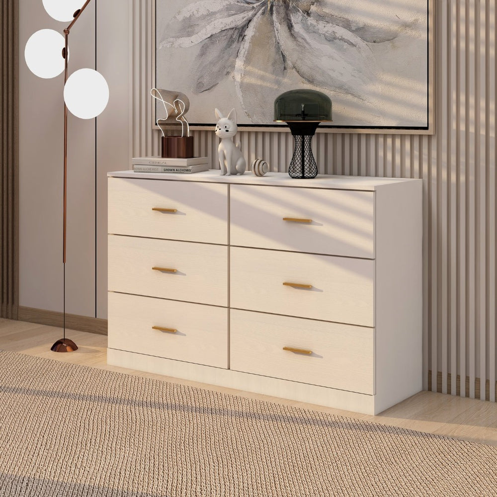 English Elm Modern Six Drawer Wide Chest Matte Hardware Bedroom Closet Organizer Storage Unit Antique White W1785P379411
