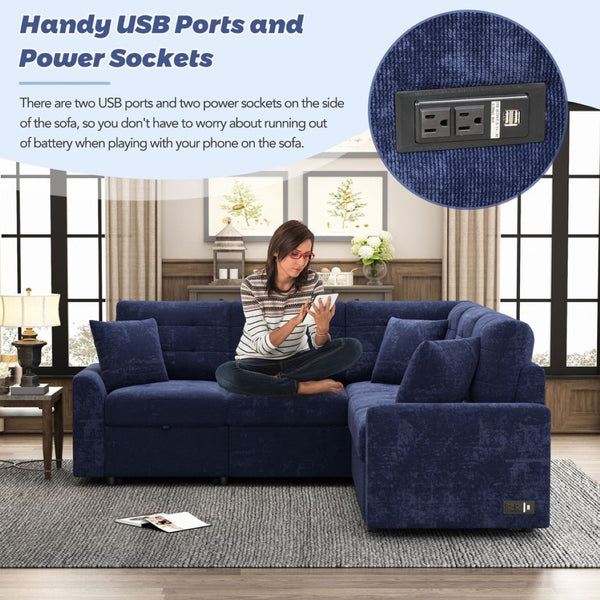 English Elm 82.6" Velveteen L-shaped Sleeper Sectional with Usb Ports and Power Sockets for Living Room SG001230AAC