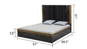 English Elm Modern Queen Bed In Solid Mango Wood With Artisan Brass Accents - Elegant Black Finish, Durable Design B009S01017