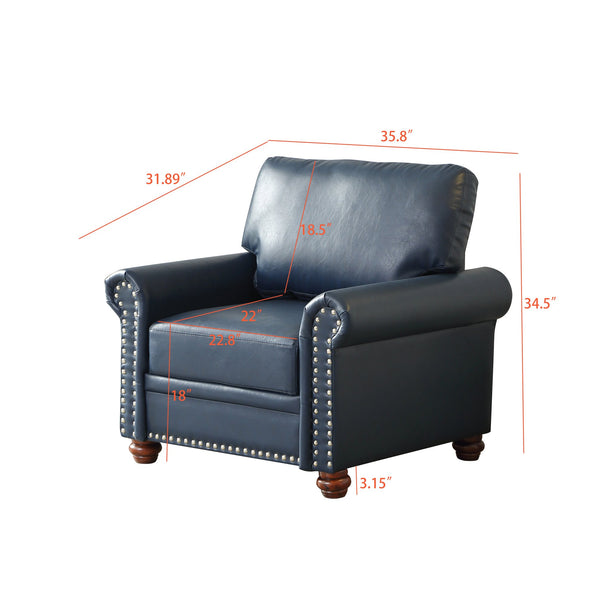 English Elm Living One Seat Sofa Chair with Faux Leather Upholstery, Solid Wood Frame and Comfortable Foam Cushion Navy Blue W1097125453