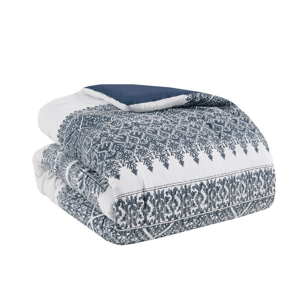 English Elm 3 Piece INK+IVY Mila Cotton Comforter Set Navy Botanic Chevron Chenille Tufting Full/Queen, OEKO-TEX Certified B035128802