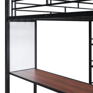English Elm Full Loft Metal Bed with Built-In Desk, 3 Open Shelves & Whiteboard, Sturdy Frame, 350lb Capacity Black SF000122AAB