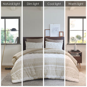 English Elm 3 Piece Cotton Comforter Set with Chenille Tufting Mila Botanical Chevron Print Full/Queen Cozy Farmhouse Bedding taupe 21.65 L x 22.83 W x 10.63 H B035128804