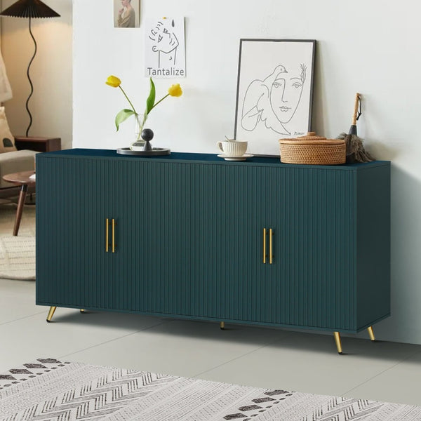 English Elm Wood Media Console with Grooved Doors Gold Legs and Interior Storage for Living Room W1445132035