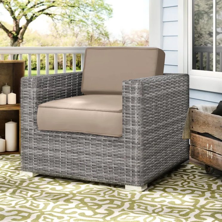 English Elm Fully Wicker Armchair with Sunbrella Cushions, Mixed Gray Patio Seat 300 lb Capacity, Ready-to-Use B120P143955