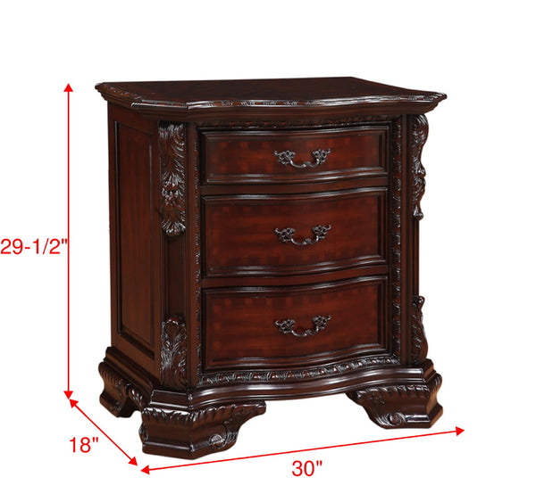 English Elm 1pc Traditional Nightstand with Three Drawers Serpentine Front Ornate Bracket Feet Carved Solid Wood Elegance Brown 33.5 L x 21 W x 33.5 H B011P143963