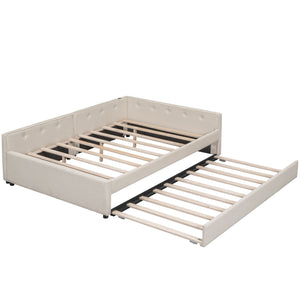 English Elm Full Full Size Upholstered Platform Bed with USB, Beige Linen, Twin Trundle, 600lb Capacity Sleek Design DL000558AAA