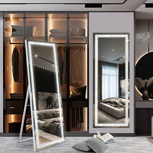 English Elm 65" LED Lighted Full-Length Mirror with Crystal Frame, Shatterproof HD Glass, Modern Standing Elegance W1340119589