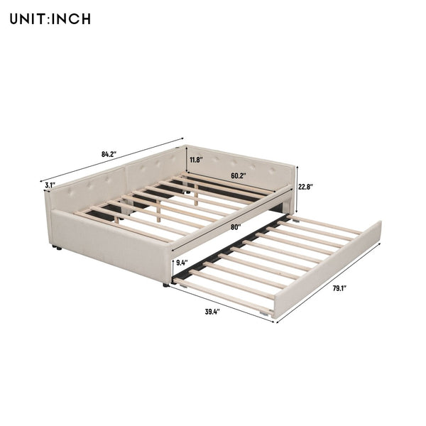 English Elm Queen Linen Upholstered Platform Bed with Pull Out Trundle and Built in Usb Ports DL000559AAA-1