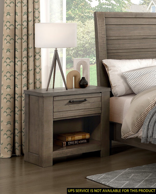 English Elm Rustic Longview Gray Nightstand with Drawer & Open Cubby, Birch Veneer Planked Frame, Metal Bar Hardware B011P143957