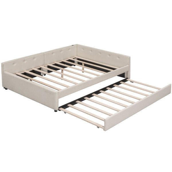 English Elm Queen Linen Upholstered Platform Bed with Pull Out Trundle and Built in Usb Ports DL000559AAA-1