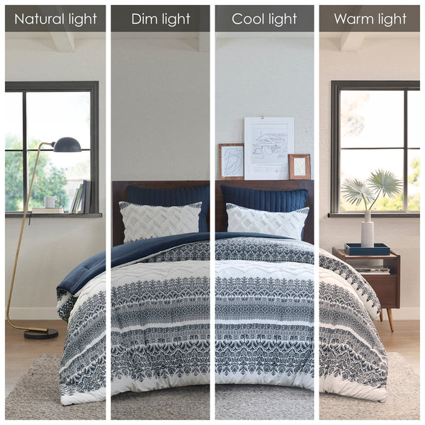 English Elm 3 Piece INK+IVY Mila Cotton Comforter Set Navy Botanic Chevron Chenille Tufting Full/Queen, OEKO-TEX Certified B035128802