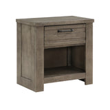 English Elm Rustic Style 1 Piece Gray Nightstand Of Drawer and Storage Cubby Metal Hardware Wooden Bedroom Furniture