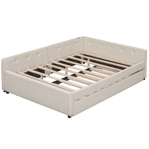 English Elm Full Full Size Upholstered Platform Bed with USB, Beige Linen, Twin Trundle, 600lb Capacity Sleek Design DL000558AAA