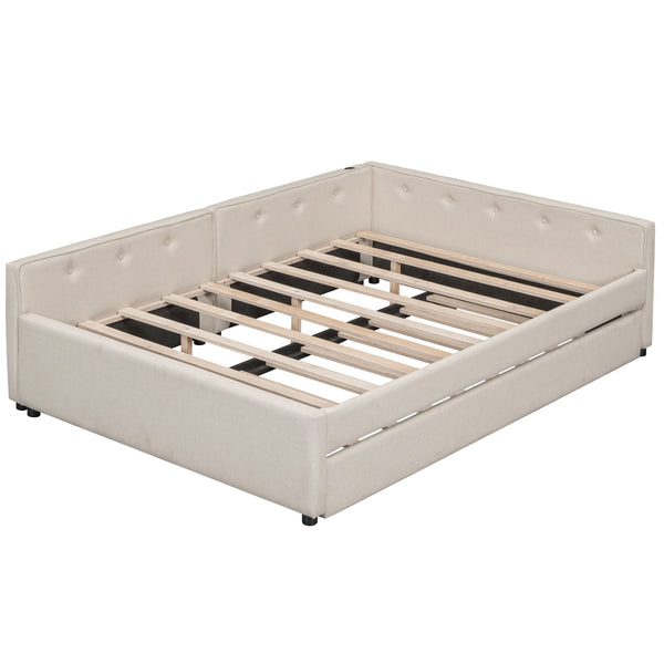 English Elm Full Full Size Upholstered Platform Bed with USB, Beige Linen, Twin Trundle, 600lb Capacity Sleek Design DL000558AAA