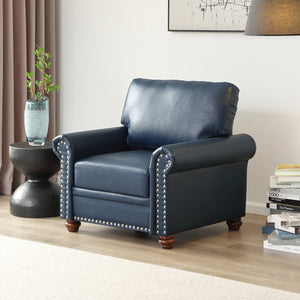 English Elm Living One Seat Sofa Chair with Faux Leather Upholstery, Solid Wood Frame and Comfortable Foam Cushion Navy Blue W1097125453