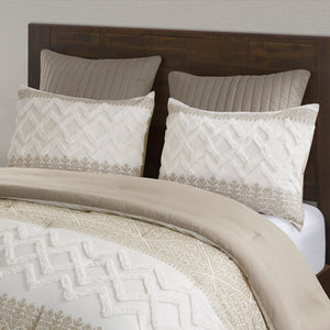 English Elm 3 Piece Cotton Comforter Set with Chenille Tufting Mila Botanical Chevron Print Full/Queen Cozy Farmhouse Bedding taupe 21.65 L x 22.83 W x 10.63 H B035128804