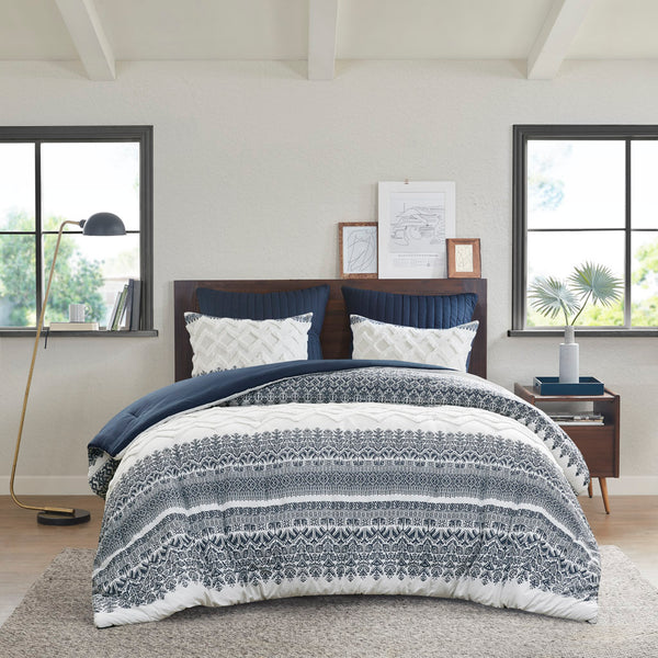 English Elm 3 Piece INK+IVY Mila Cotton Comforter Set Navy Botanic Chevron Chenille Tufting Full/Queen, OEKO-TEX Certified B035128802